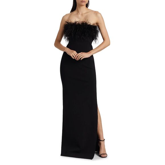 ML Monique Huillier Black Strapless Maxi Gown with Feather Trim Size M - Picture 1 of 10